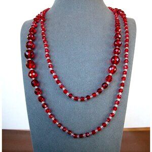 Vintage Red Crystal Beaded Necklace With Faceted Beads 44"